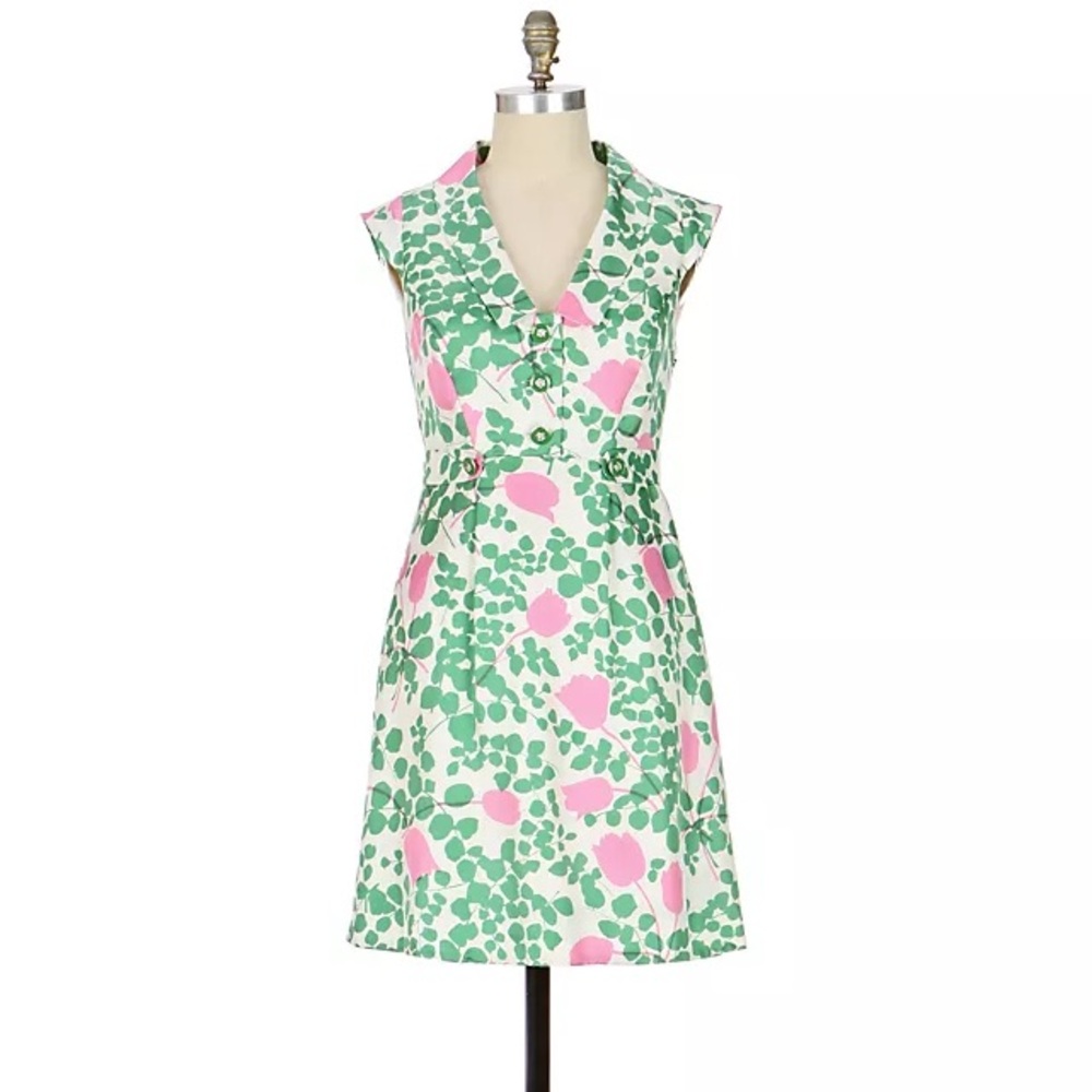 MOULINETTE SOEURS Anthropology Women's Green & Pink Leaf Floral Print Dress 4